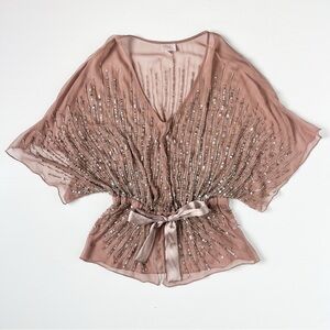 Parker embroidered glass sequin sheer silk butterfly top blouse, XS